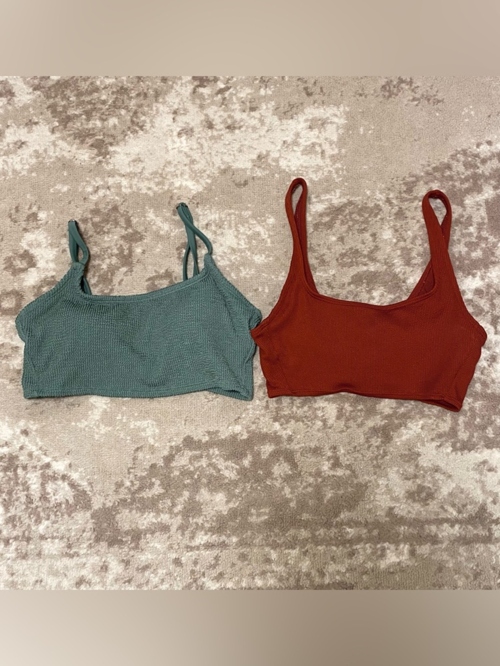 Two Scoop Neck Bikini Tops - Sage Green and Rust